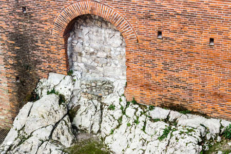 The brickwalls of the medieval Fortress of Venetians in Brisighellaのeditorial素材
