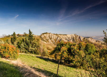 Cultivated fields of red and green leaves Vineyards during Autumn  on badlands background in Italian countryside near Brisighella in Emilia Romagnaの写真素材