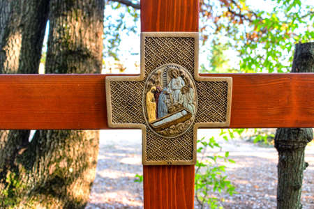 Wooden Cross on Mount Podbrdo, the  Apparition hill overlooking the village of Medjugorje in Bosnia ed Erzegovinaの写真素材