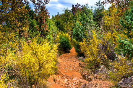 Footpath in Autumn View of the Krizevac (Cross) Mountain in Medjugorje in Bosnia ed Erzegovina:...