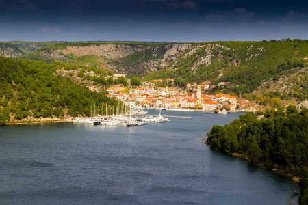View over the bay of Skradin ending Krka river in Croatiaの写真素材