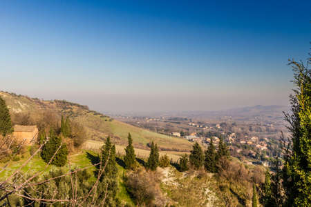 Dirt road, lined by cypress trees in the hills of cultivated fields in a winter sunny day. Houses...