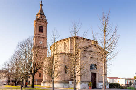 Brick wall of facade of XVIII Century parish church of Saint Stephen Protomartyr in Barbiano, Italyの写真素材