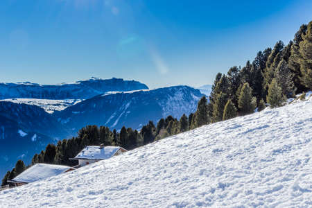 panorama of the Dolomites with wood cottage,  snow-capped peaks and green conifersのeditorial素材