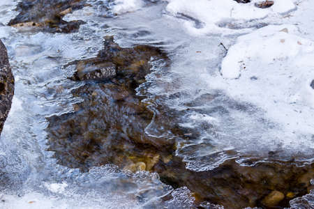 frozen mountain stream in the middle of ice, snow and rocks