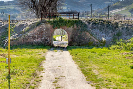 A green country road through cyltivated fields to small gallery through grunge brick walls where a female silhouette standsの写真素材