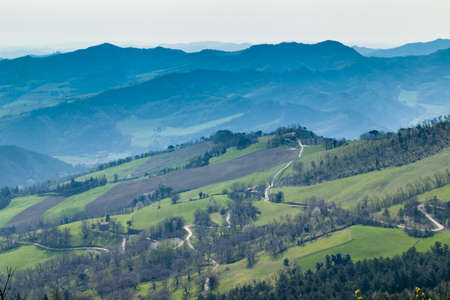 Green farmland cultivated on the rolling hills of the countryside in northern Italy