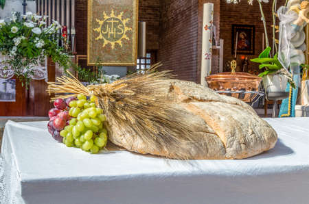bread, grapes and ears of wheat as a symbol of Christian Holy Communion in Italian Catholic Churchの写真素材