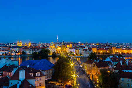 Night view of attractions in  Prague: Charles Bridge, the towers and The Church of Mother of God in front of Tynの写真素材