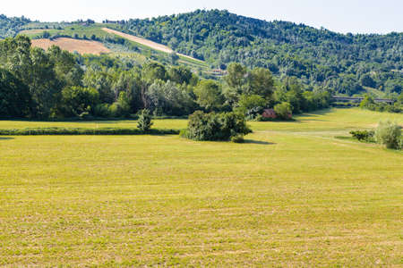 Cultivated fields after the wheat harvest in Emilia Romagna Region in northern Italy in a summer sunny dayの写真素材