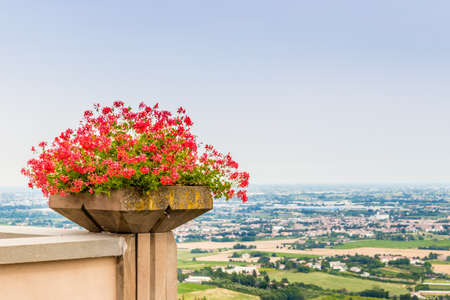 nature and memories - pot of geraniums and view from the terrace of the medieval village of bertinoro in Italy overlooking the hills of the Romagna countryside sloping down to the seaの写真素材