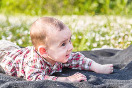 The innocent happiness of a cute 6 months old baby with Light brown hair in red checkered shirt and beige pants smiling in a city parkの写真素材