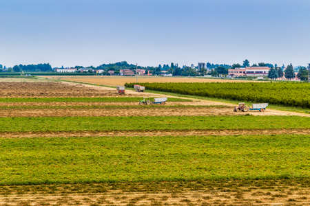 agriculture in Emilia Romagna in Italy, fields and farm equipmentの写真素材