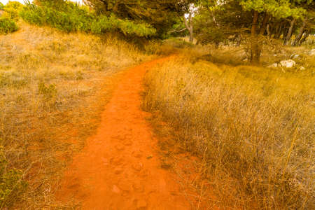 red soils around the freshwater lake formed in a former quarry for the extraction of bauxite in Italyの写真素材