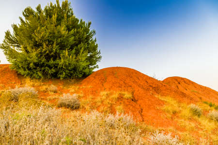 red soils around the freshwater lake formed in a former quarry for the extraction of bauxite in Italyの写真素材