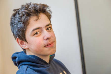 caucasian boy happy and smiling with braces on teethの写真素材