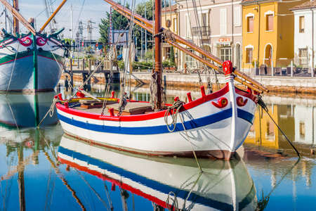 Ancient boats on Leonardesque Canal Port  in Cesenatico in Emilia Romagna in Italyの写真素材
