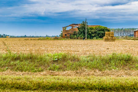 soil after harvest near irrigation canalの写真素材