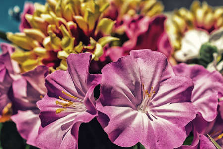 fake laminated paper flowers in a cemeteryの写真素材