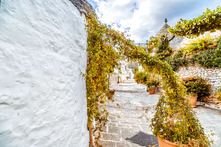 The Trulli of Alberobello in Apulia in Italy. These typical houses with dry stone walls and conical roofs are unique to the world and projecting this place outside of time and reality, somewhere between magic and historyの写真素材