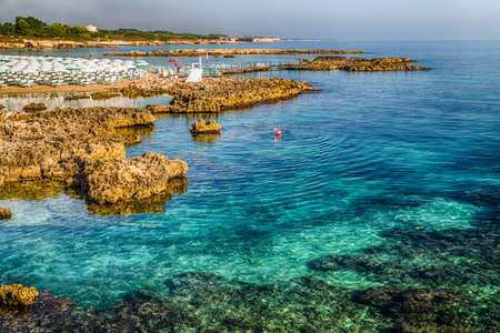 Beach facilities in Otranto, Greek-Messapian city on the Adriatic Sea in Italyの写真素材