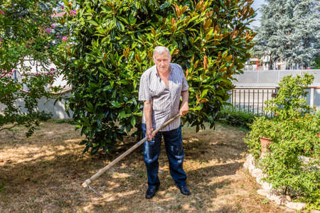 elderly octogenarian male man is hoeing the gardenの写真素材
