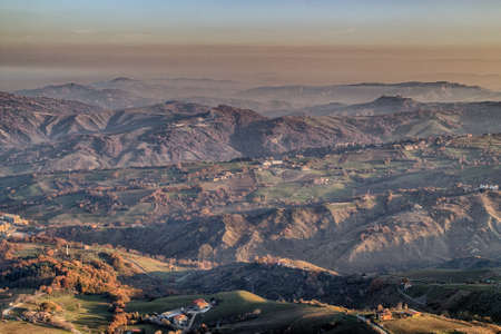 The hilly countryside around the Republic of San Marino in winterの写真素材