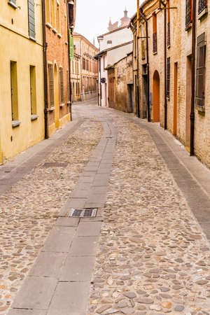 Cobbled streets of country medieval city in Emilia Romagna, Italyの写真素材