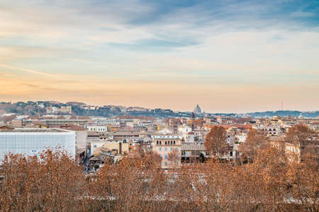 overlooking the rooftops of Rome, historic palaces, Catholic churches and old housesのeditorial素材
