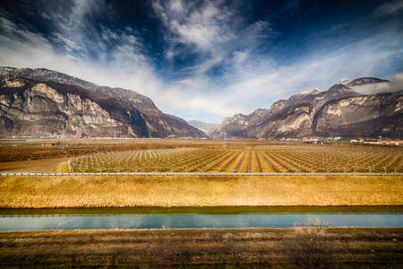 Cultivated fields at the foot of the mountainsの写真素材