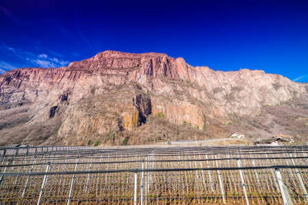 reddish sky over mountain orchards in Italyの写真素材