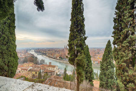 the Italian city of Love, Verona behind treesの写真素材