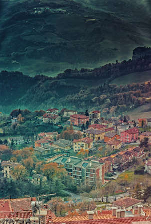 The hilly countryside around the Republic of San Marino in winterの写真素材