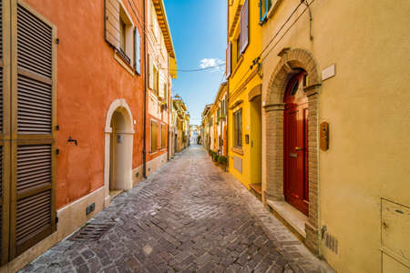 the colorful houses of the streets of the village of fishermen in riminiの写真素材