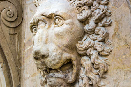 head of roaring lion in medieval sculptureの写真素材