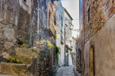 the romantic very old village of Vico del Gargano, a maze of narrow streets and narrow alleys lined with quaint houses and palaces whose patron is Saint Valentineの写真素材