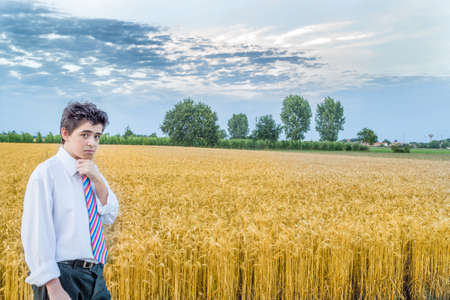 cute caucasian boy in a wheat field in countrysideの写真素材
