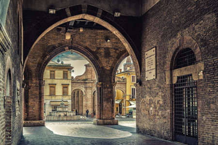 porches with arches and columns in the main square of Rimini in Italyのeditorial素材