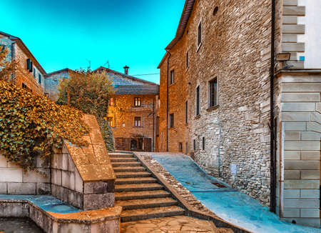 Alleys by night in medieval mountain village in Tuscany characterized by houses with walls of stones derived from the Renaissanceの写真素材