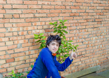 Caucasian boy near a lemon tree making success signの写真素材