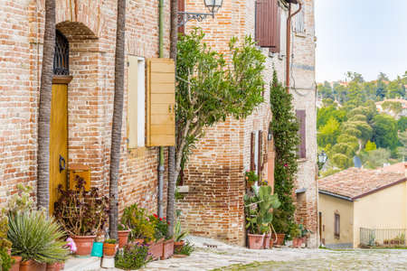cobbled street of a medieval village on the hills of Romagna in Italy. pots of flowers and plantsの写真素材
