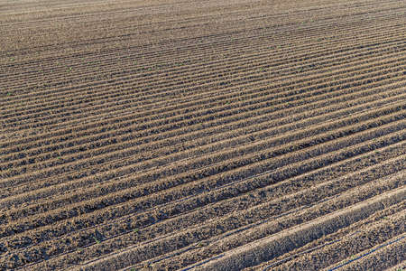 the furrows of a plowed fieldの写真素材