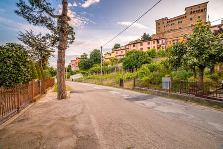 streets of a small hilltop village under 1200 AD Malatestian castle of Longiano, in Emilia Romagna in Italyのeditorial素材