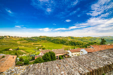panorama of the hills of Romagna, with streets, houses and farmlands from stone parapetの写真素材