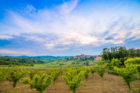 panorama of cultivated fields on the hills of Emilia Romagna dominated by Malatestian Castle,  medieval fortress dating back to 1200 AD, of Longiano, Italyのeditorial素材
