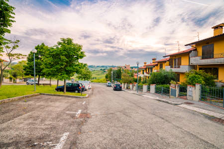 modern streets of a small hilltop village in Emilia Romagna in Italyの写真素材