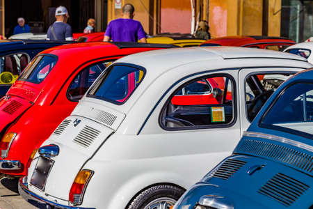 Vintage Car with bright colors, Italian cars parked in rows