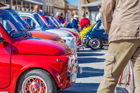 Vintage Car with bright colors, Italian cars parked in rows