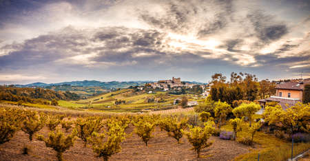 panorama of cultivated fields on the hills of Emilia Romagna dominated by Malatestian Castle,  medieval fortress dating back to 1200 AD, of Longiano, Italyの写真素材