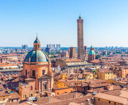 Aerial panoramic cityscape of Bologna, Italy,  above rooftops of  typical houses, ancient buildings and medieval towersのeditorial素材